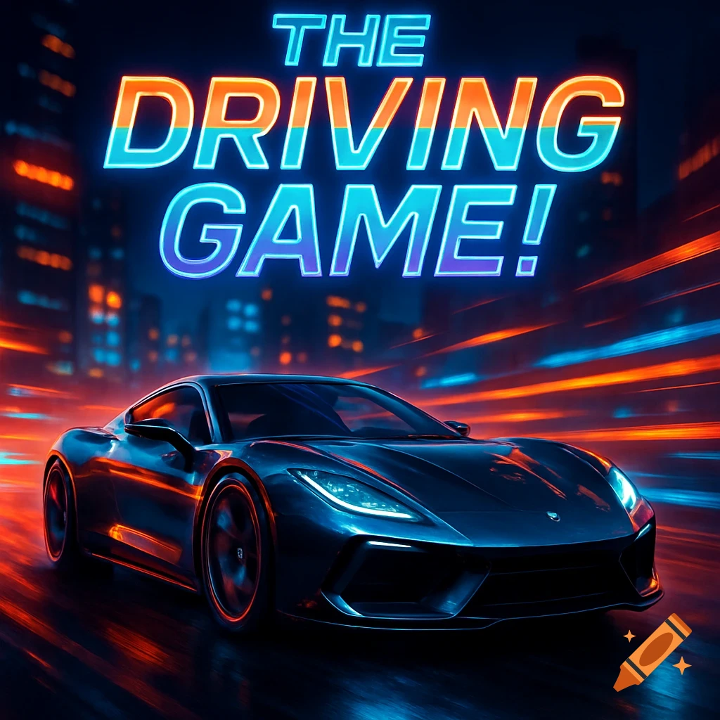 A sleek blue supercar speeding through a neon-lit city at night, with 'THE DRIVING GAME!' text above it, featuring a futuristic style.