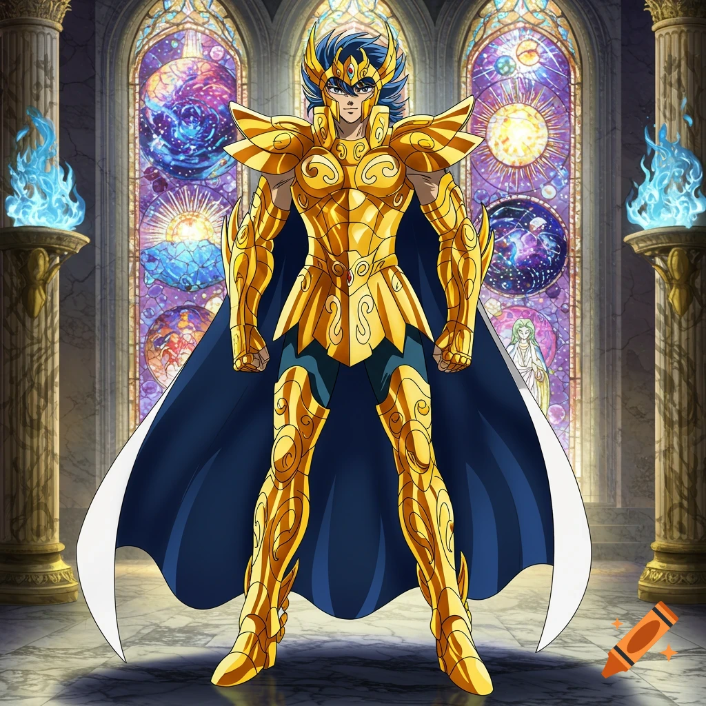 An anime character with blue hair in golden armor stands in front of colorful stained glass windows.
