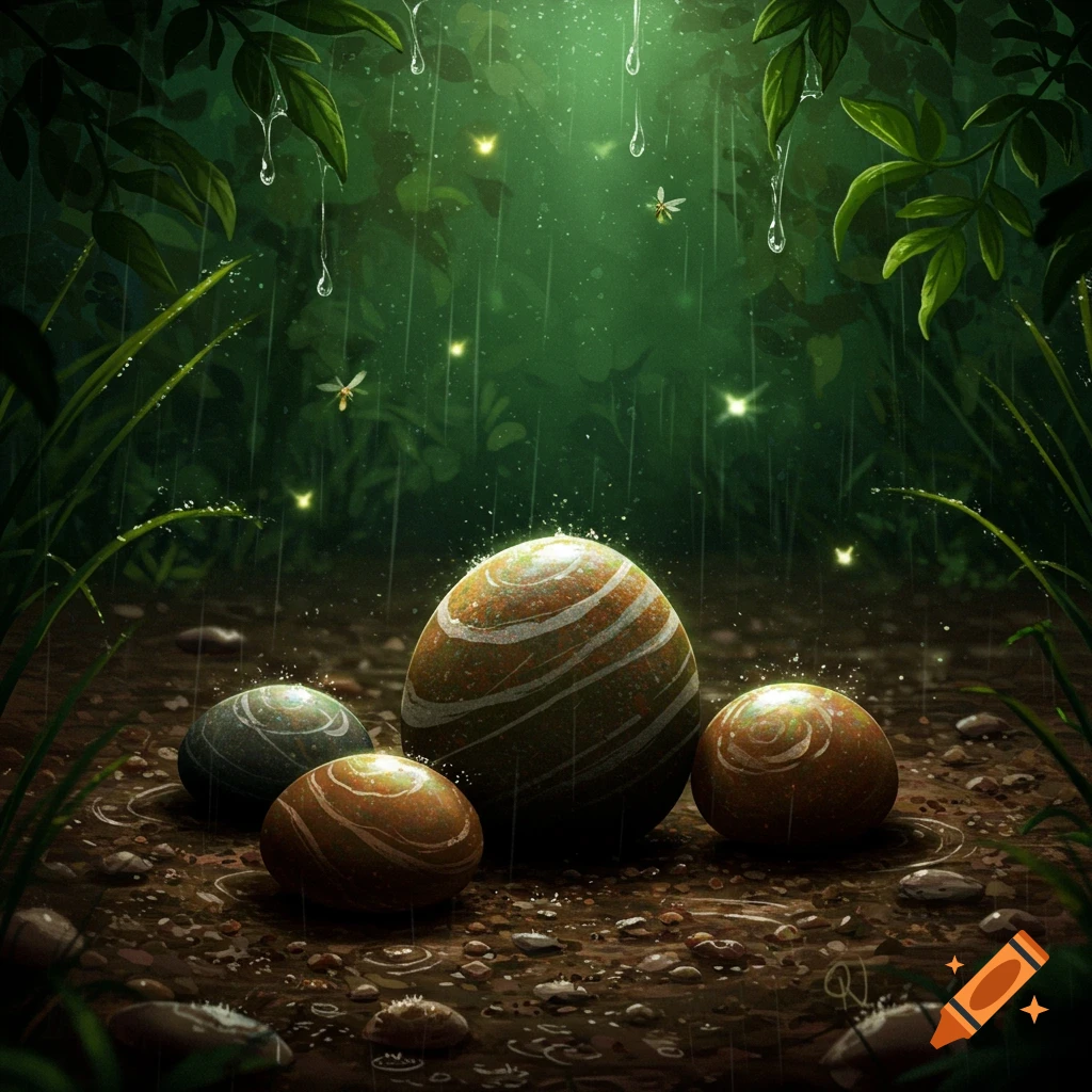 Five decorative, glowing pebbles lie on a muddy forest floor under a gentle rain, with fireflies flitting through the dark green foliage.