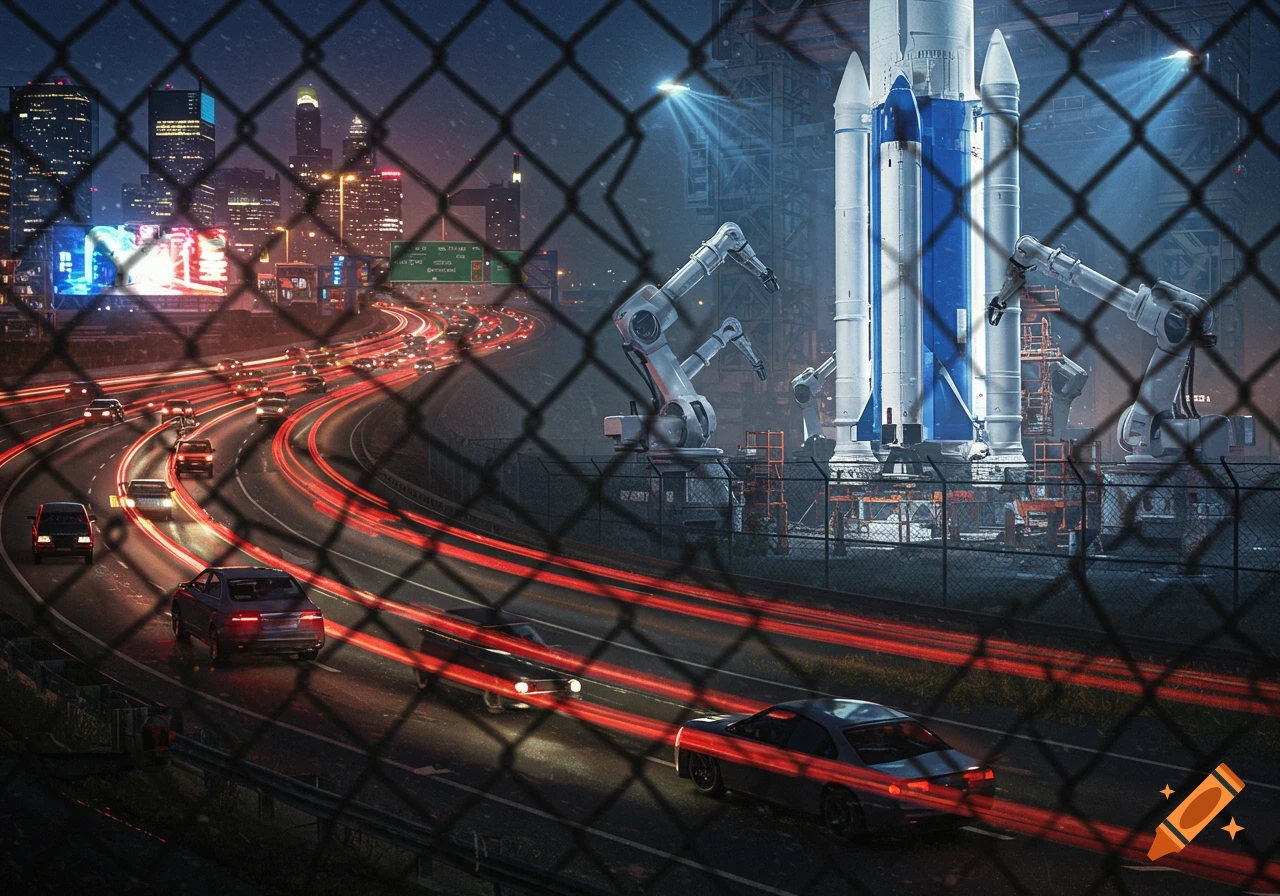 Night cityscape with a busy highway, red light trails from cars, and a futuristic rocket being assembled by robots behind a chain-link fence.