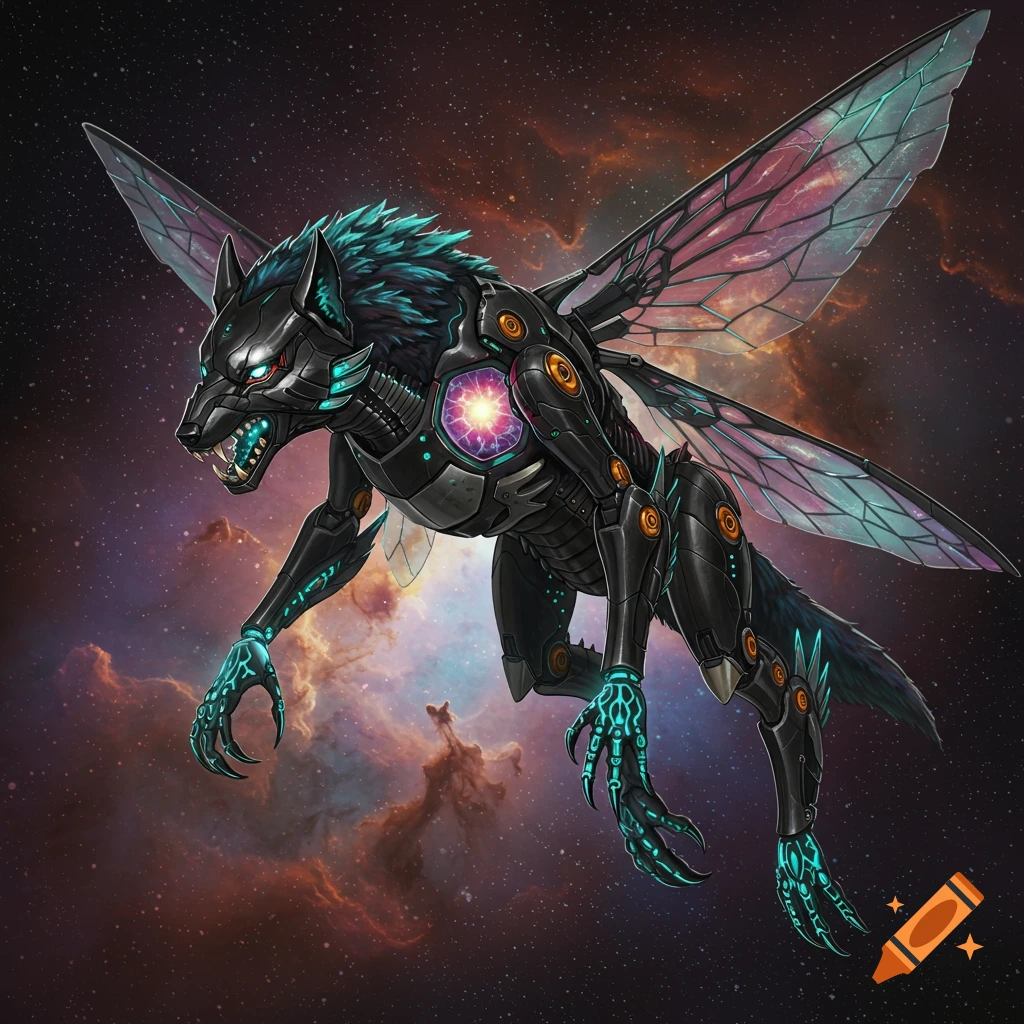 A detailed sci-fi illustration of a bionic wolf-like creature with insect wings and glowing teal accents, floating in space with nebulas.