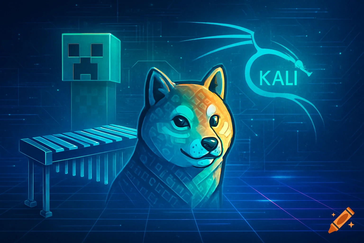A futuristic digital art piece featuring a Shiba Inu, a Minecraft Creeper, a marimba, and the Kali Linux logo on a blue circuit board background.