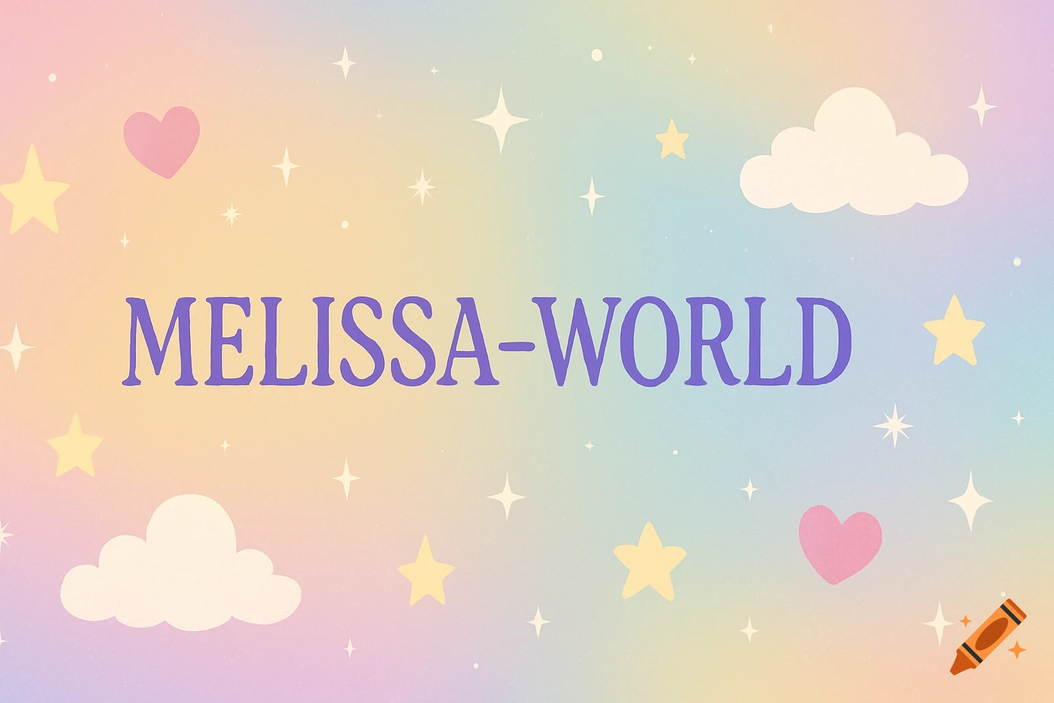 A pastel rainbow gradient background with the text 'MELISSA-WORLD' in purple, surrounded by yellow stars, pink hearts, and white clouds.