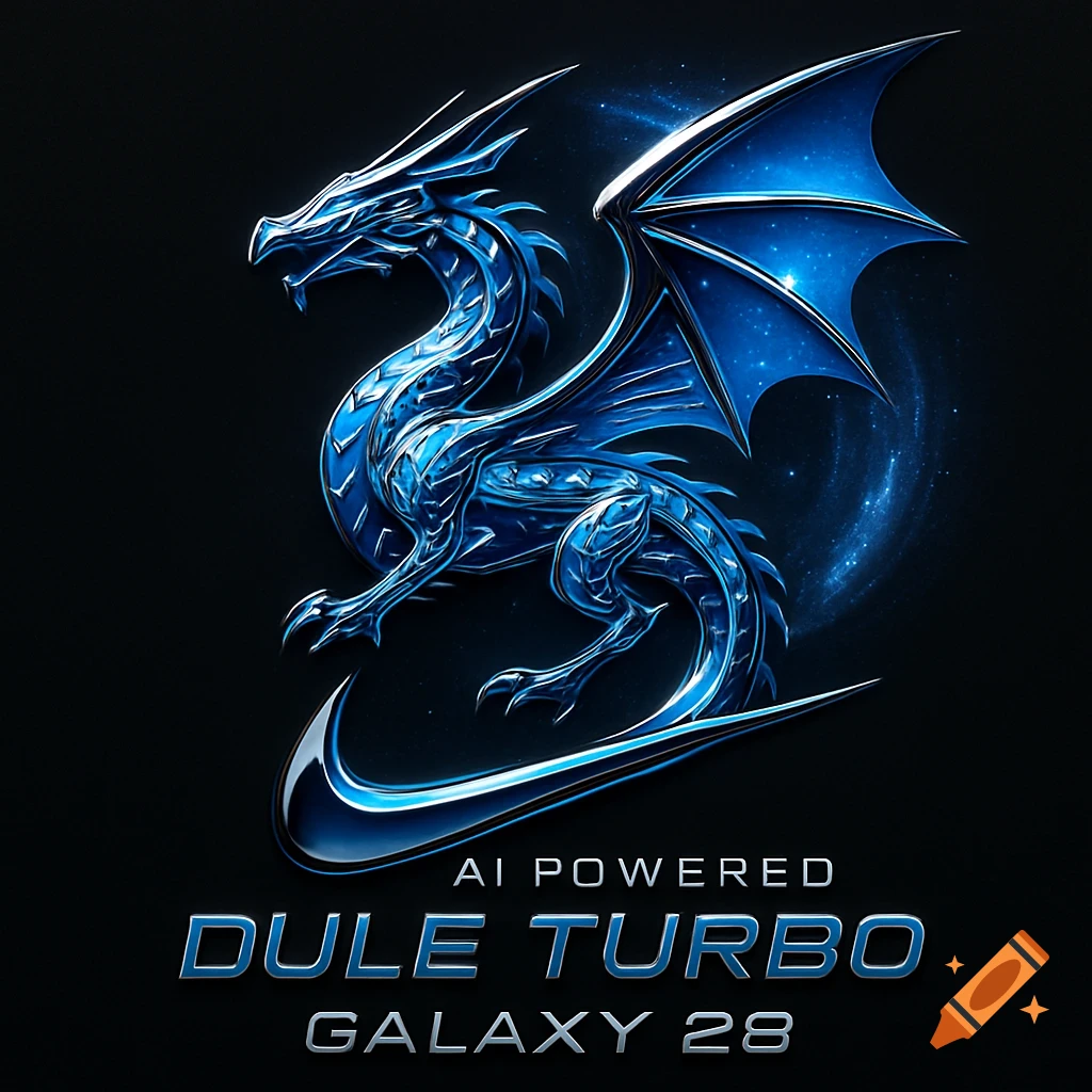 A stylized blue metallic dragon with glowing accents, perched on a Nike swoosh, against a dark background with blue stardust trails. Text reads "AI POWERED DULE TURBO GALAXY 28".