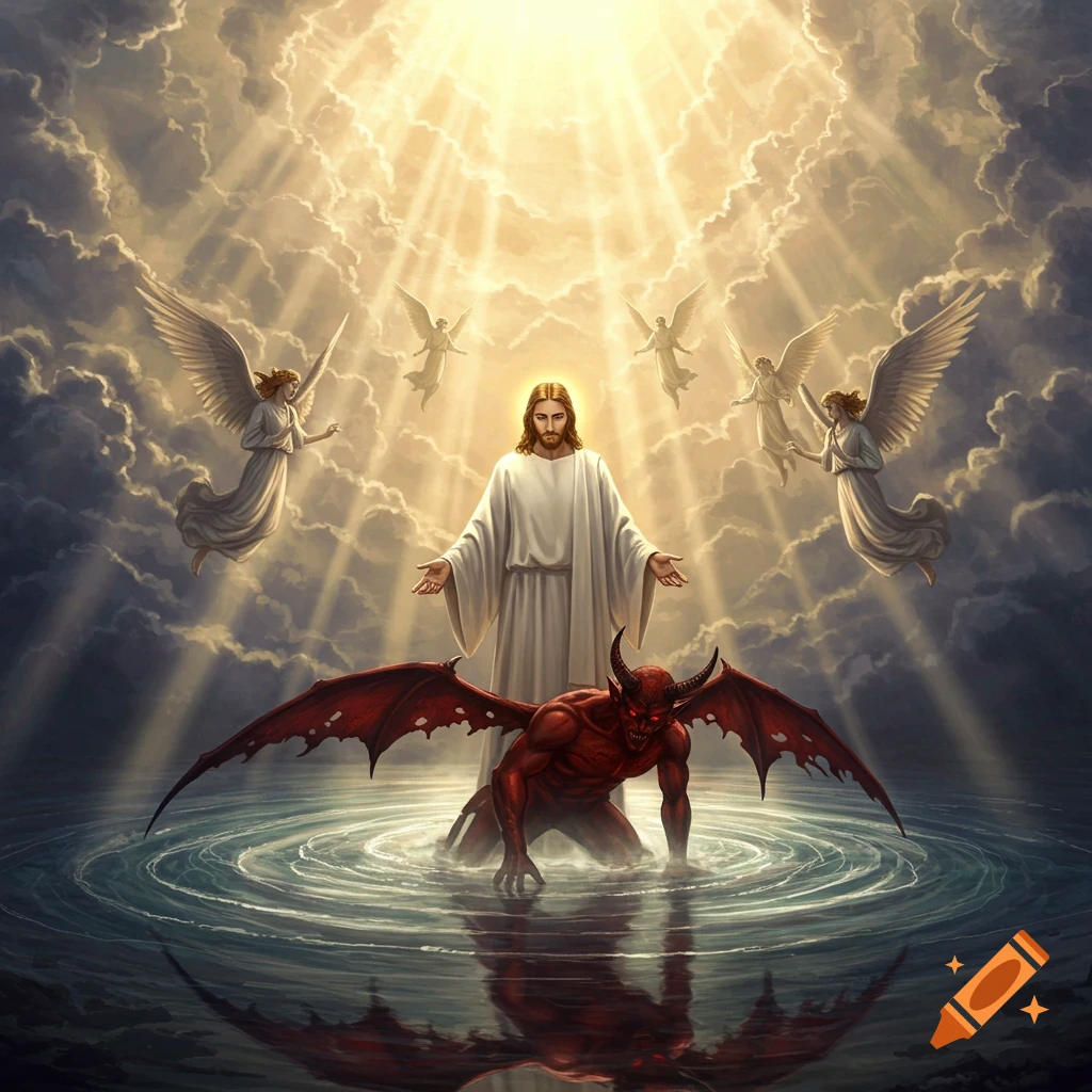 Jesus Christ stands with outstretched hands, surrounded by angels and divine light, looking down at a red-skinned, horned devil figure kneeling in water below him.