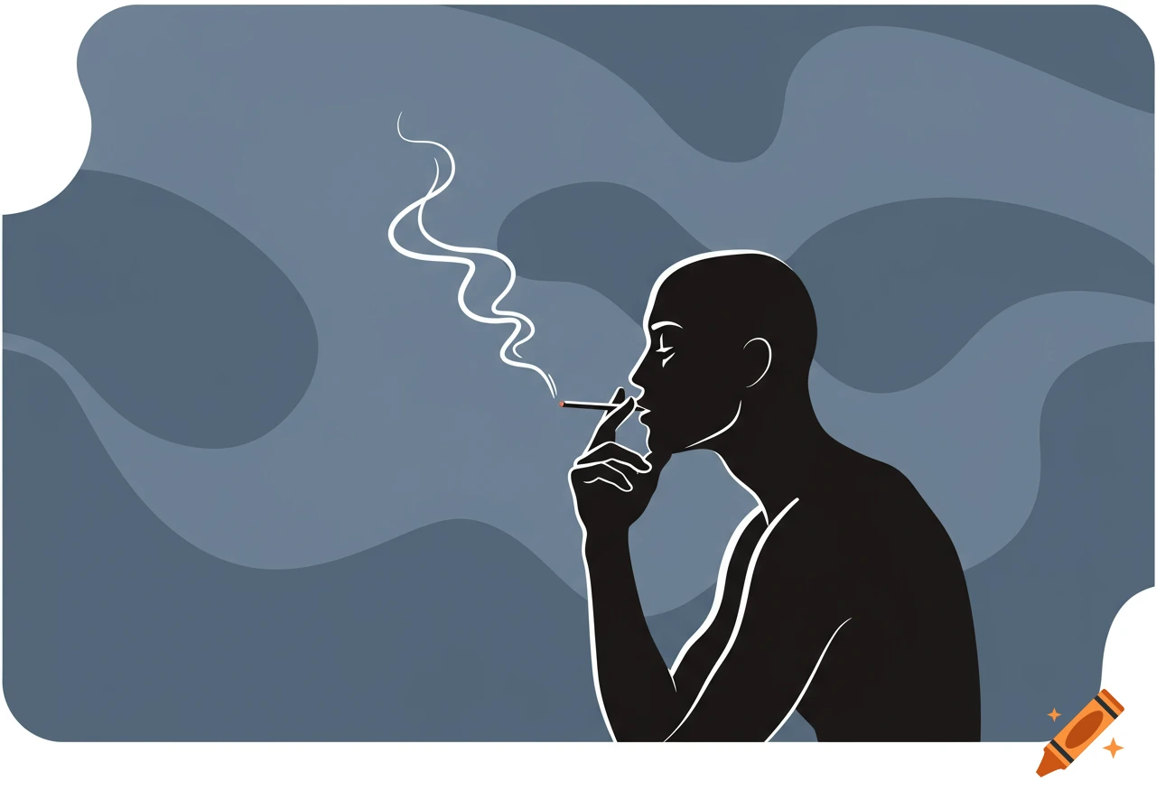 Silhouette of a person smoking with white smoke against a gray, wavy background in a clip art style.
