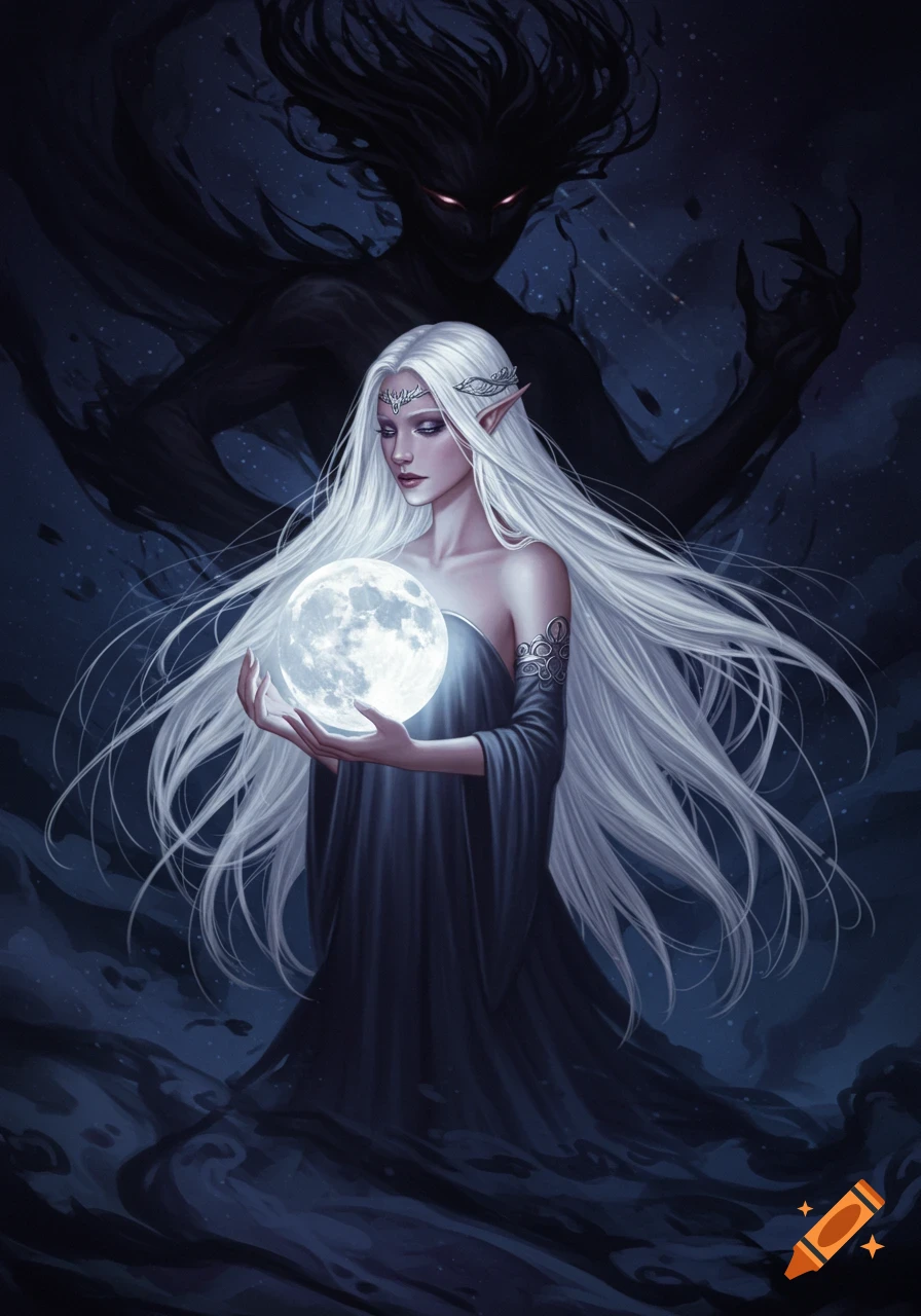A white-haired fantasy woman holds a glowing moon, with a dark, shadowy figure looming behind her.