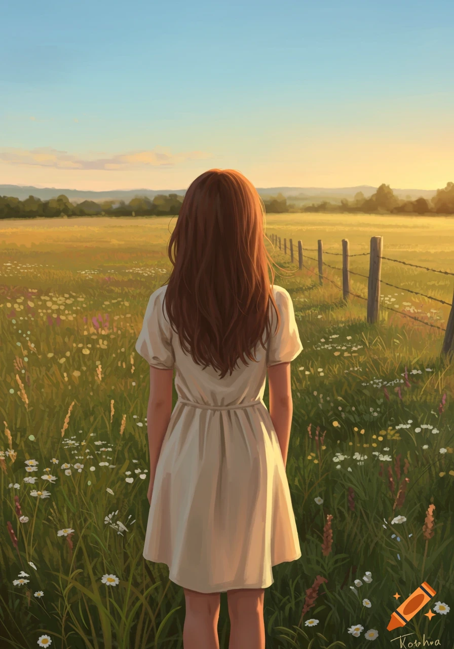 A girl with long brown hair stands facing away in a field of wildflowers at sunset, a fence line stretching into the distance. Digital art.