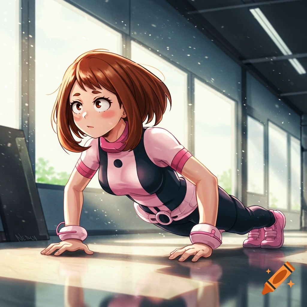 Ochako Uraraka from My Hero Academia doing push-ups in an anime style, set indoors in a bright room.