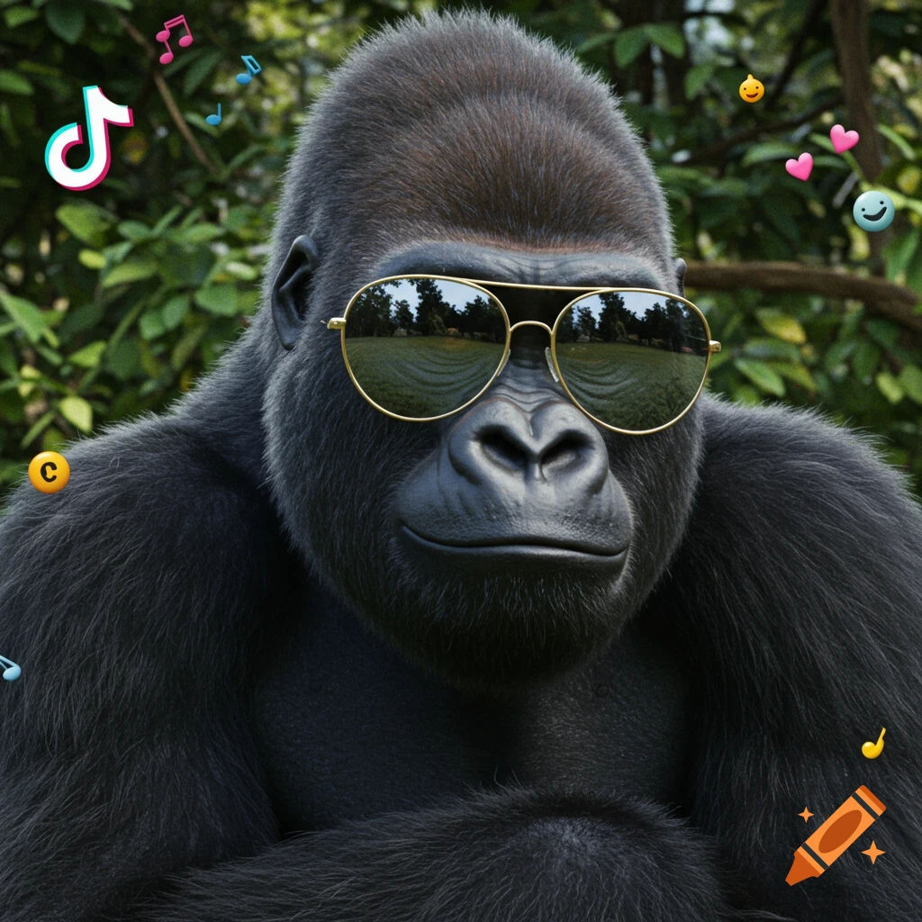 A realistic gorilla wearing sunglasses surrounded by emojis and music notes, with a TikTok logo, against a green background.