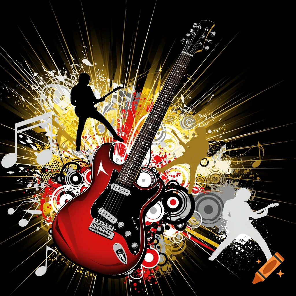 Vibrant vector art of a red electric guitar with musical notes, abstract splatters, and silhouettes of rock musicians on a black background.