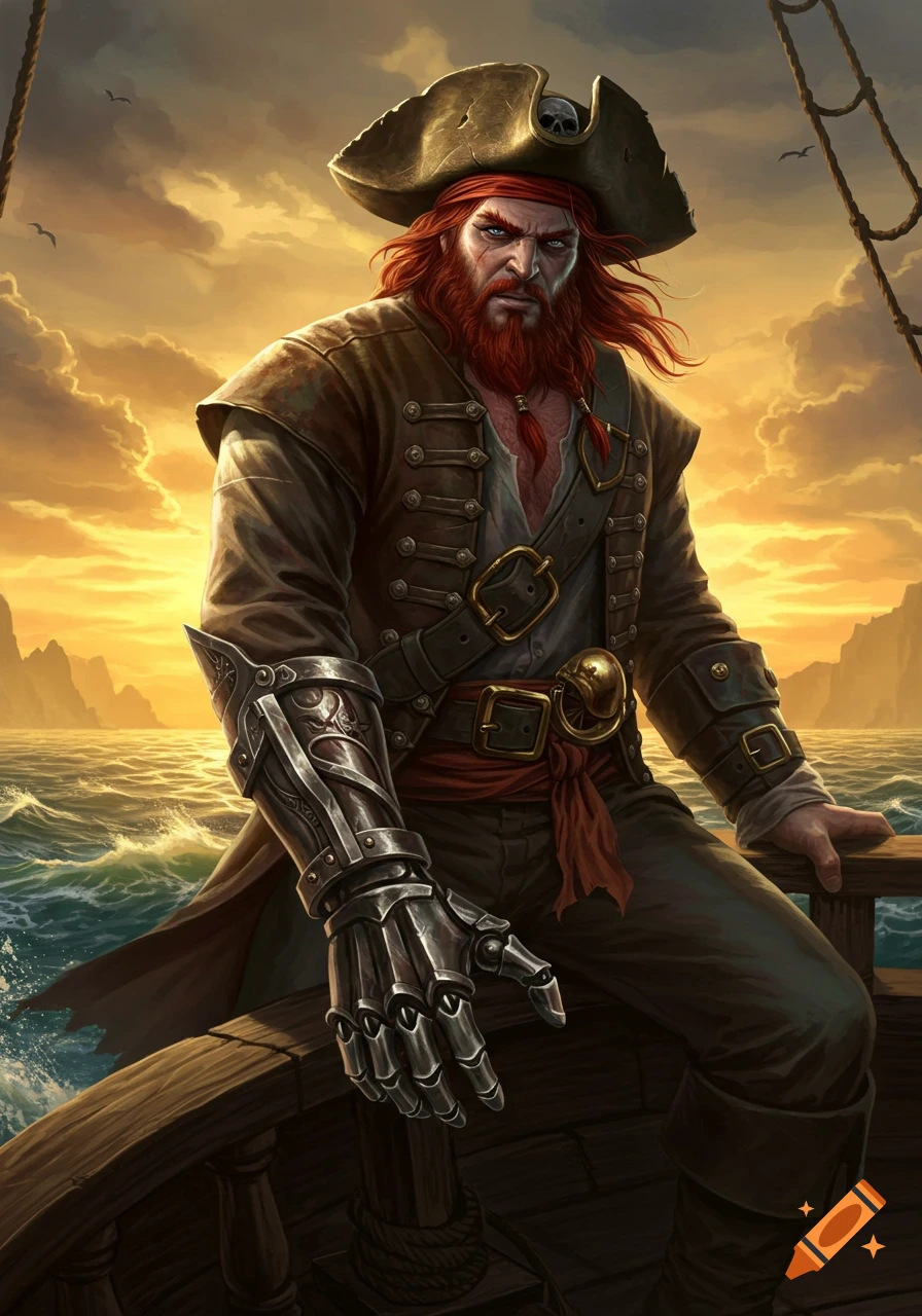 A red-haired pirate with a metal arm sits on a ship at sea, illuminated by a dramatic sunset.