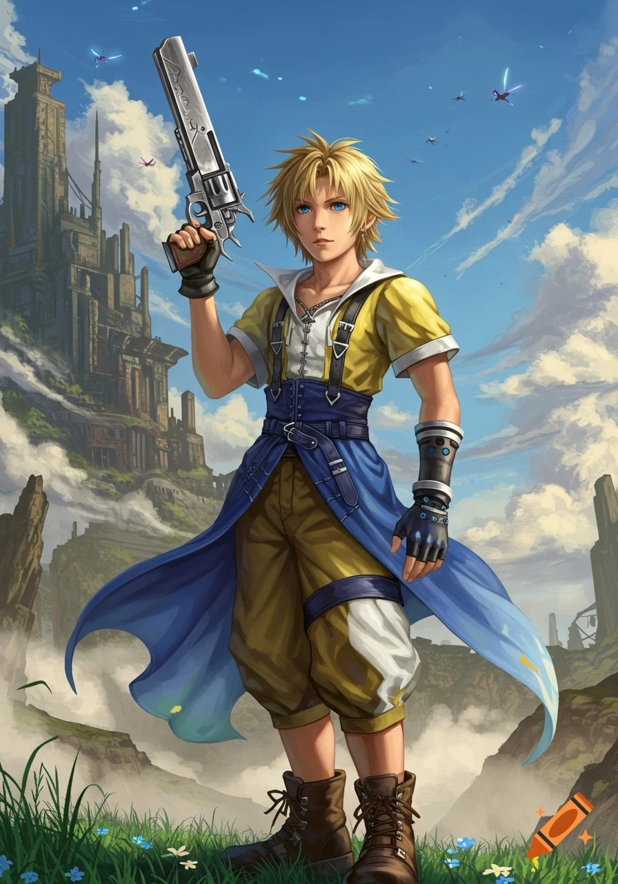 A young blonde male anime character resembling Tidus from Final Fantasy X stands in a field, holding a large revolver, with a detailed fantasy cityscape in the background under a blue sky.