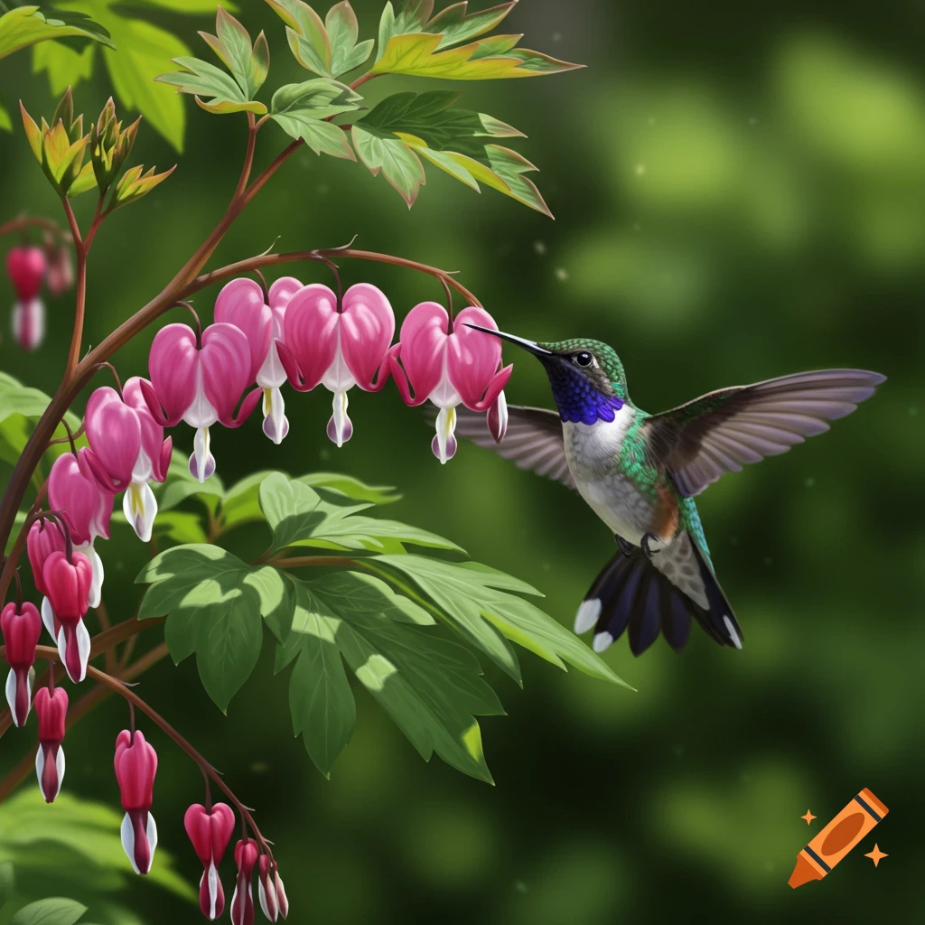 A photorealistic hummingbird hovers near a branch with pink bleeding heart flowers, against a green blurred background.