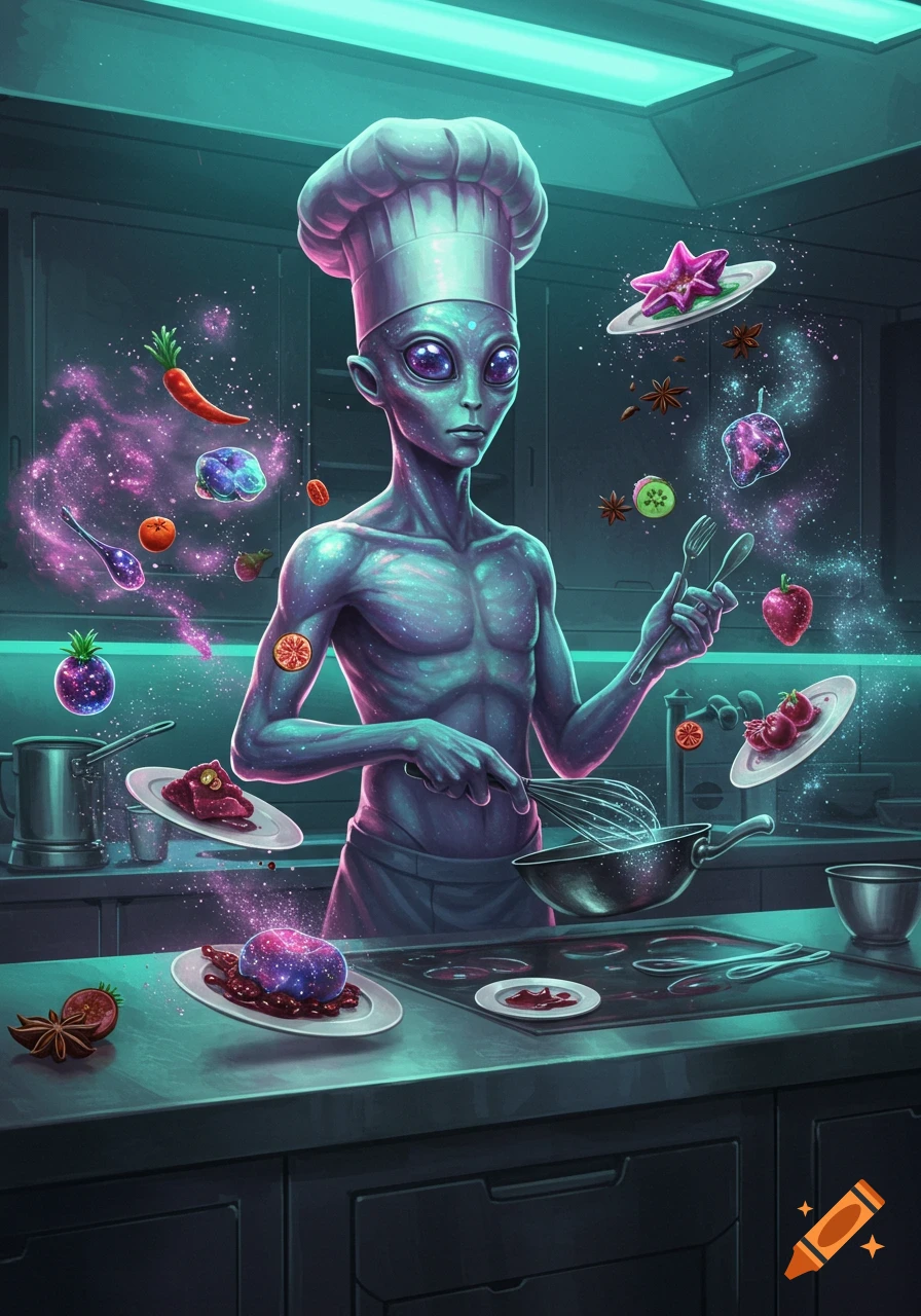 An alien chef in a toque cooks cosmic cuisine in a futuristic kitchen, surrounded by floating, glowing ingredients.