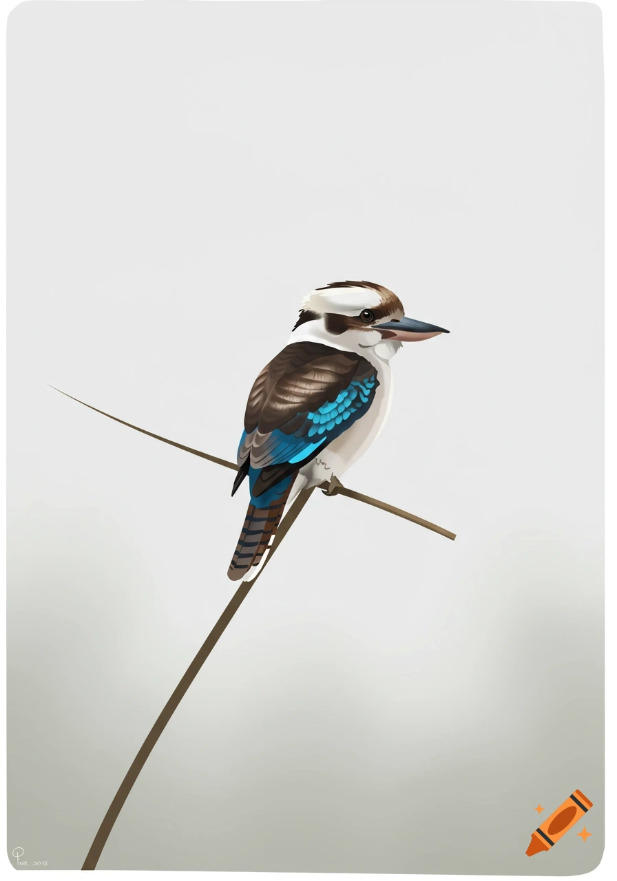 A minimalist illustration of a kookaburra bird with brown, white, and blue feathers perched on a thin branch against a plain white background.
