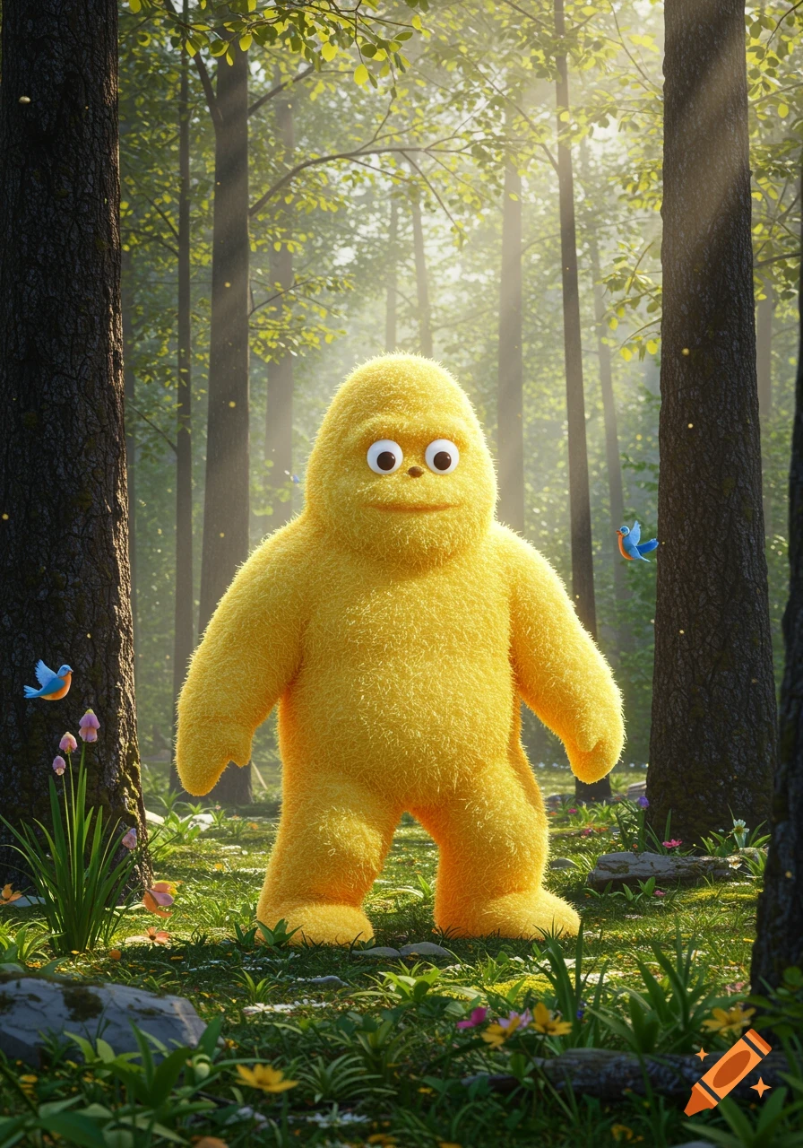 A fluffy yellow creature resembling a Sasquatch stands in a sunlit, green forest with trees and small birds, photorealistic style.