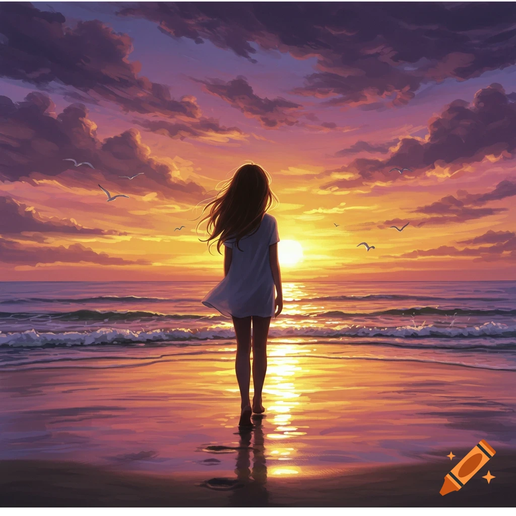 An anime-style illustration of a girl standing on a beach, looking at a vivid orange and purple sunset over the ocean.