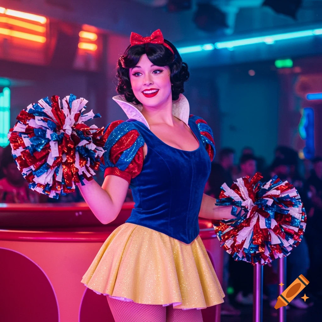 A smiling woman dressed as Snow White in a cheerleading costume, holding red, white, and blue pom-poms, against a vibrant, neon-lit nightclub background.