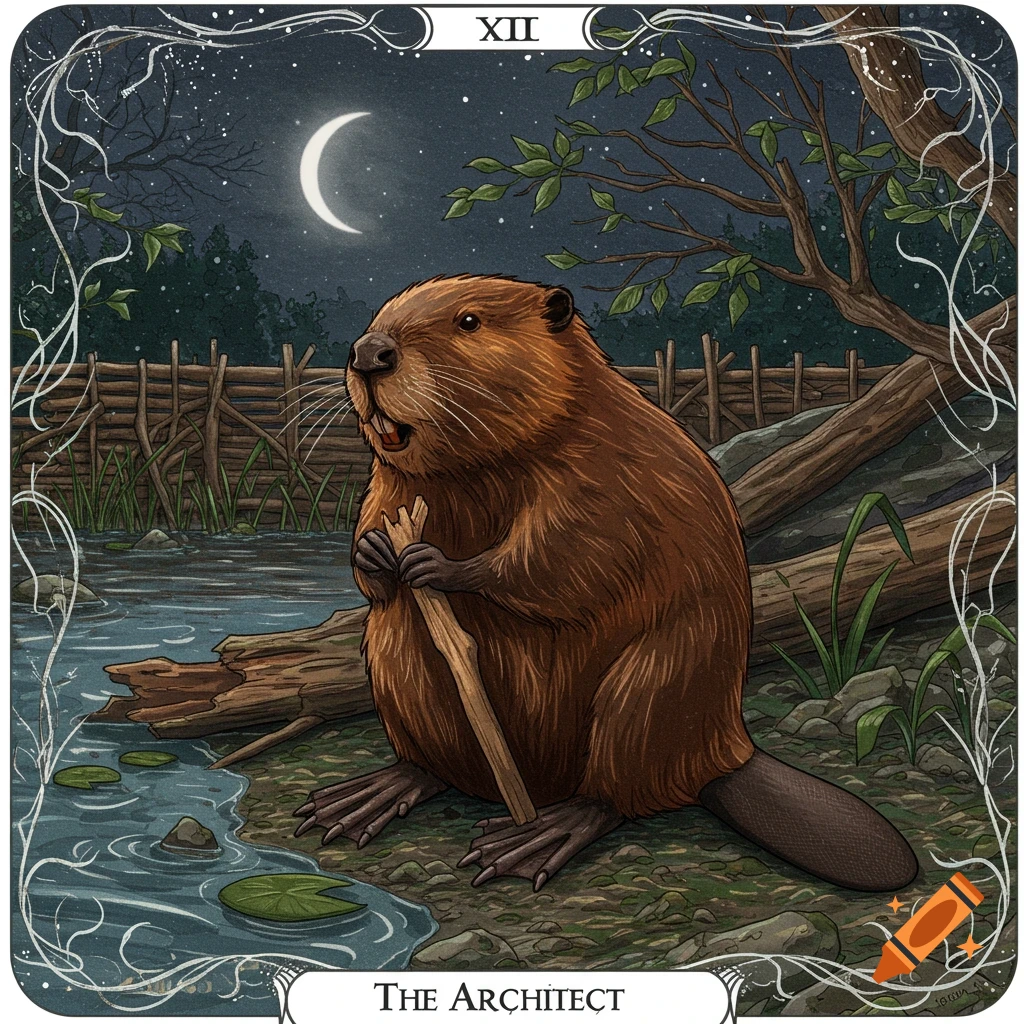 An illustrated brown beaver holding a stick by a stream at night, depicted as 'The Architect' tarot card with 'XII'.