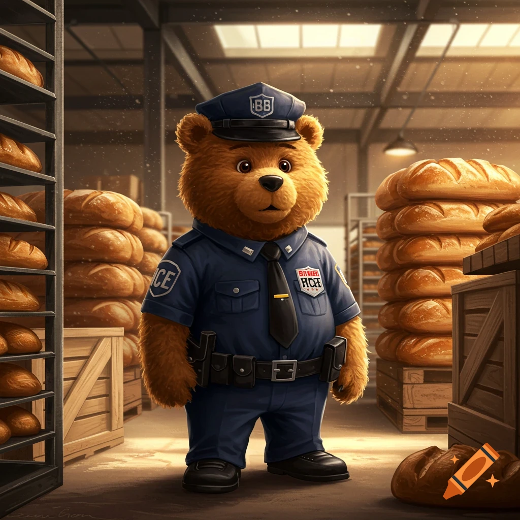 A cartoon bear in a police uniform stands in a bread warehouse, surrounded by stacks of fresh bread.