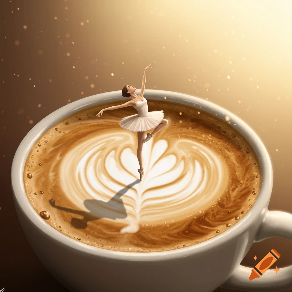 An ethereal illustration of a ballerina dancing gracefully on latte art in a cappuccino.