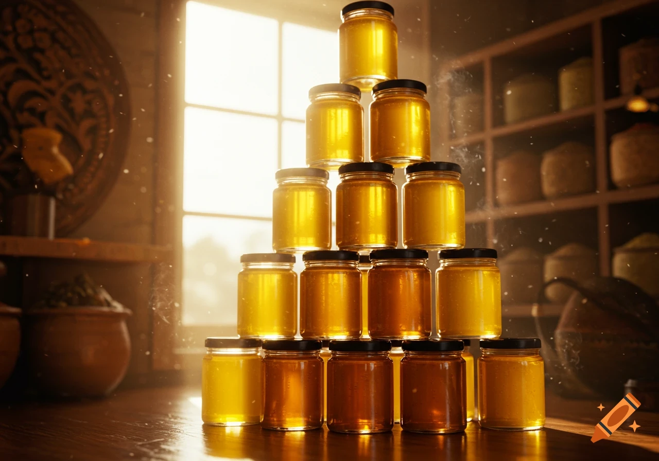 A pyramid stack of glowing golden honey jars on a dark wooden table, bathed in warm sunlight from a window, in a rustic setting.
