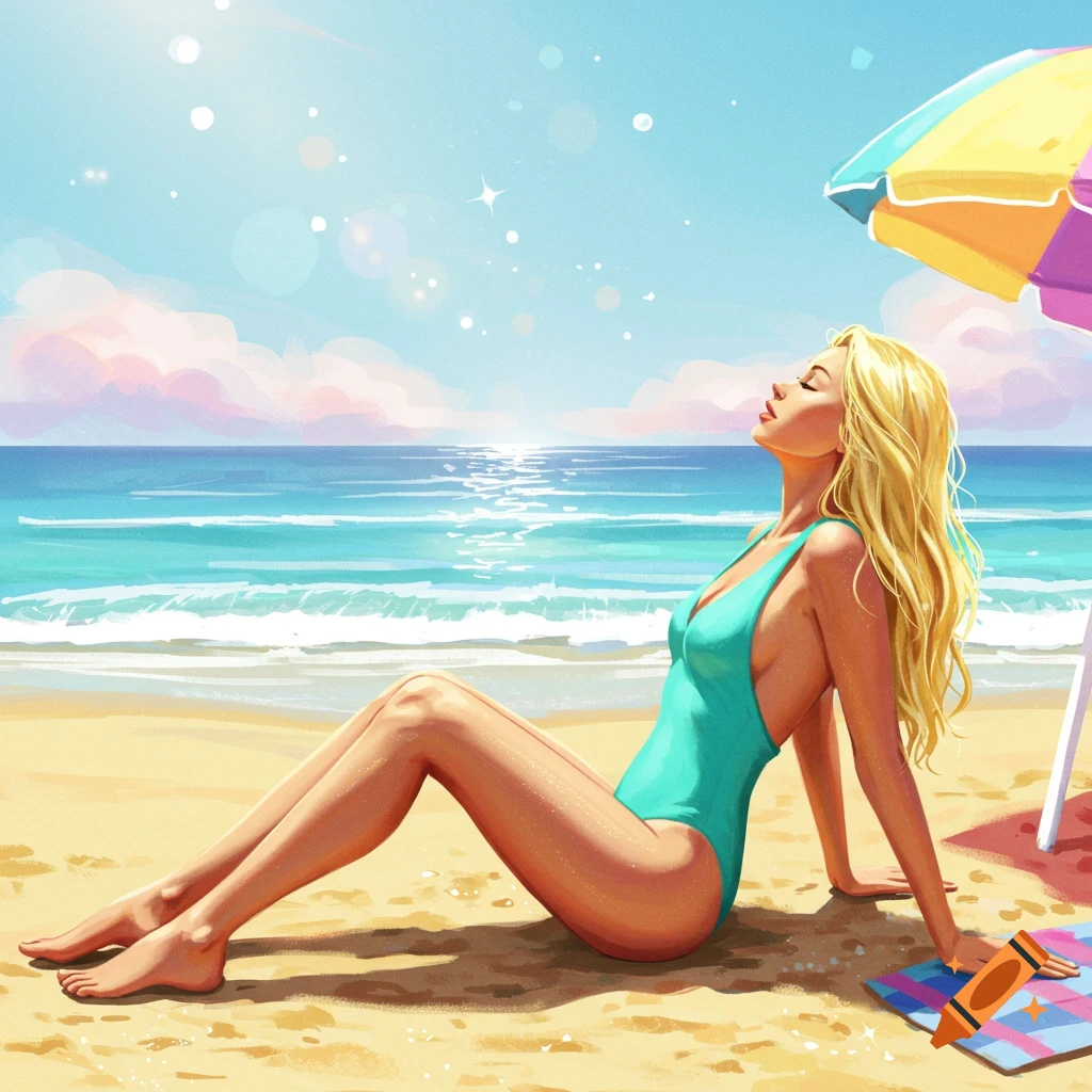 An illustration of a blonde woman in a teal swimsuit relaxing on a sunny beach, with the ocean and a colorful umbrella in the background.