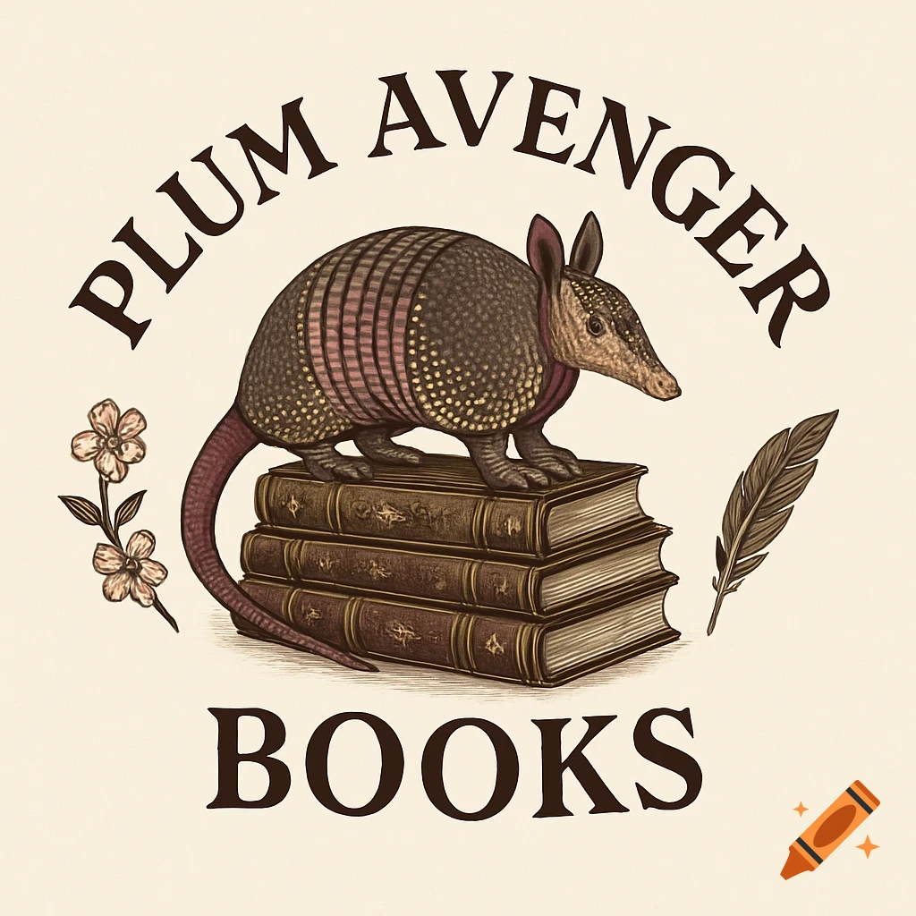 Vintage logo for Plum Avenger Books featuring an armadillo on a stack of old books with a flower and quill.