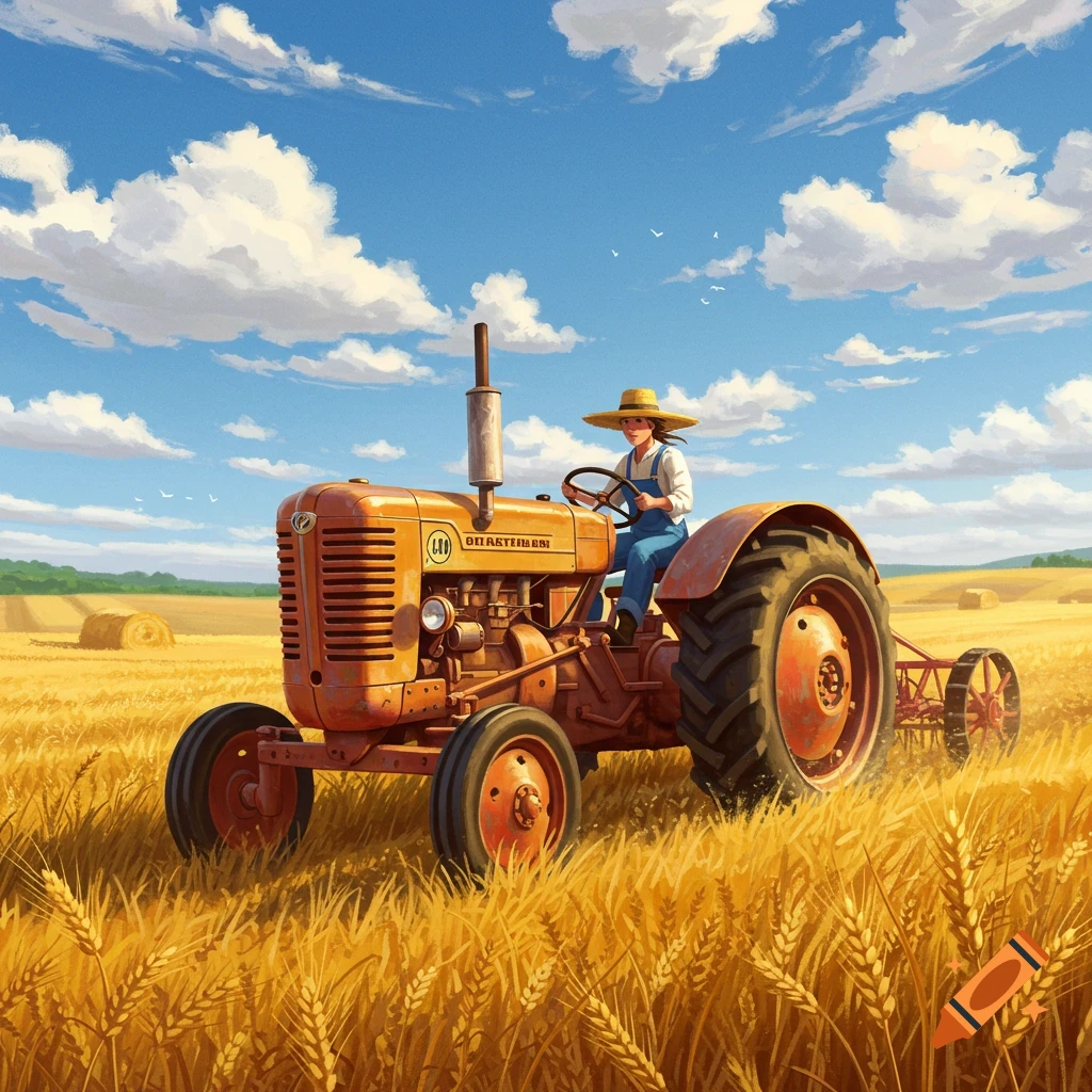 A person in a straw hat and overalls drives an orange tractor through a golden wheat field under a blue sky with clouds, in an illustrated style.
