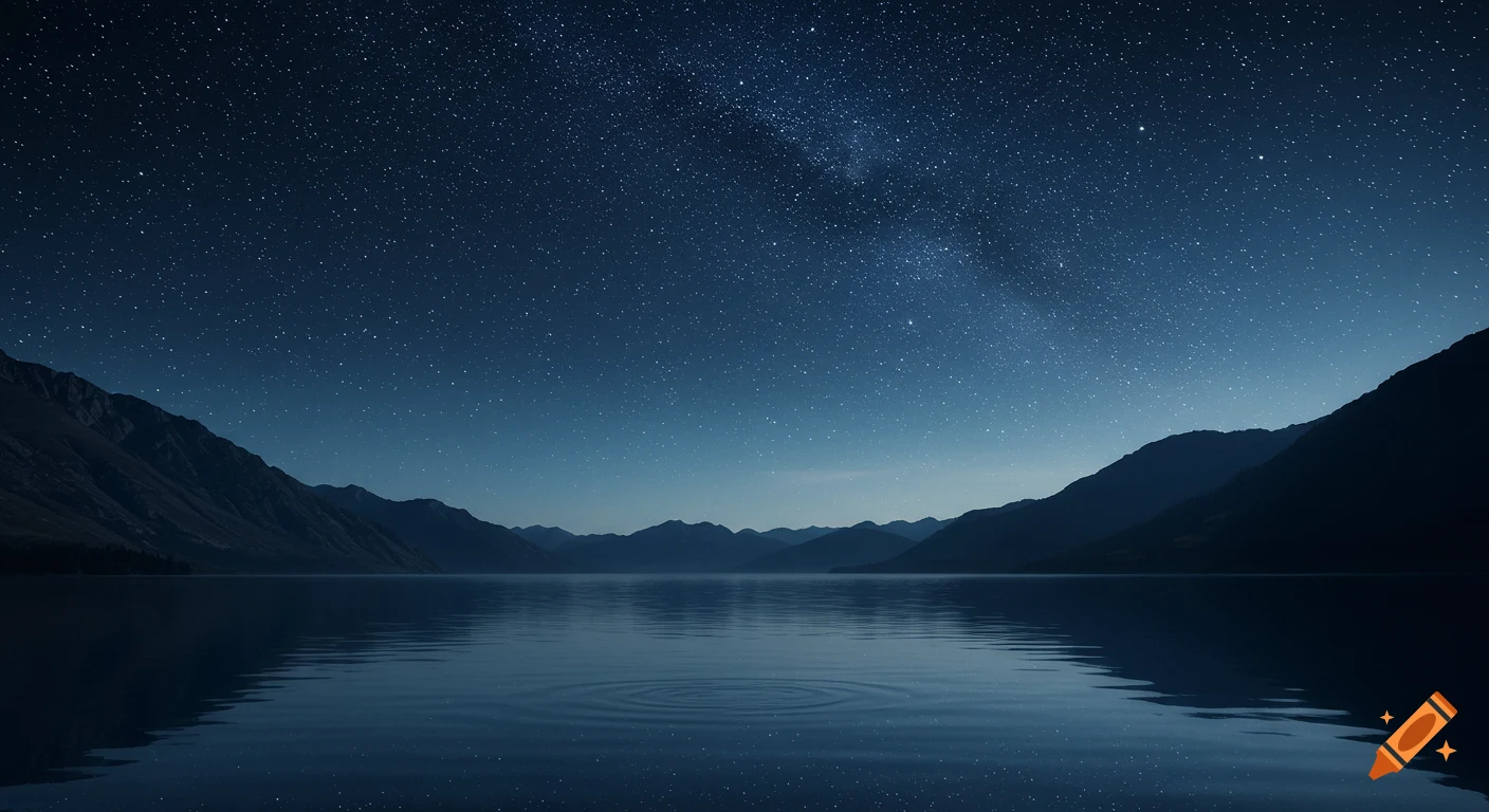 A serene mountain lake at night, reflecting a starry sky with the Milky Way above dark mountains.