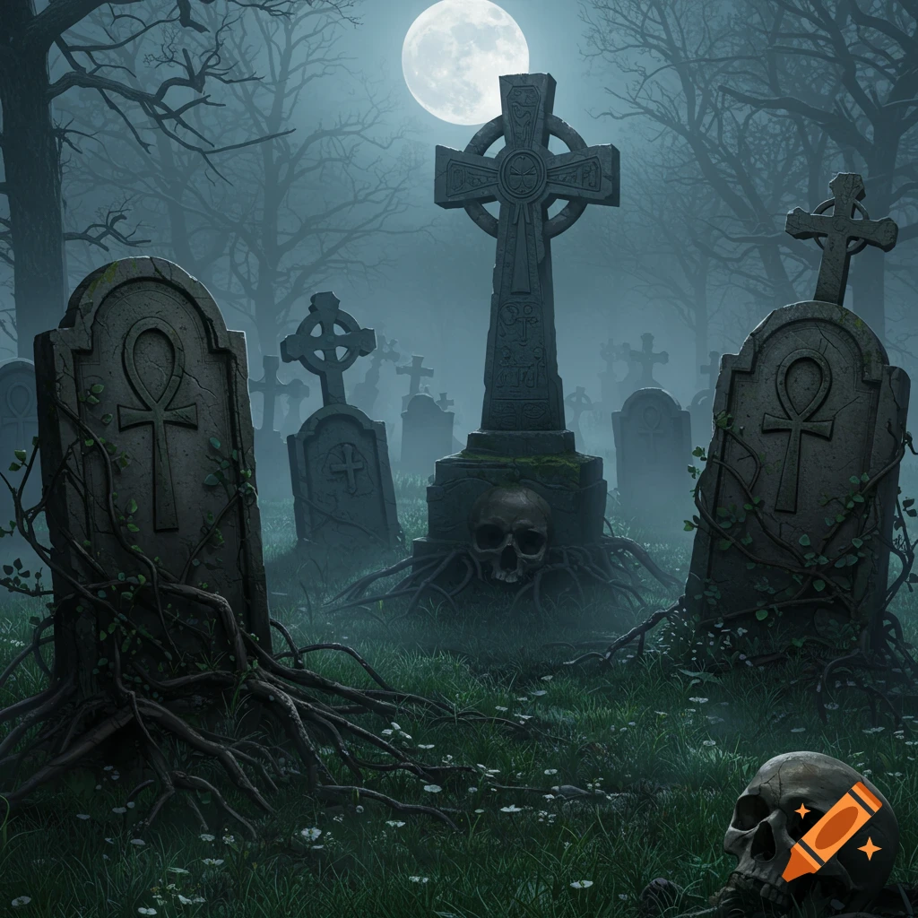 A full moon illuminates a misty, spooky graveyard with ancient Celtic cross gravestones, ankh symbols, skulls, and eerie bare trees.