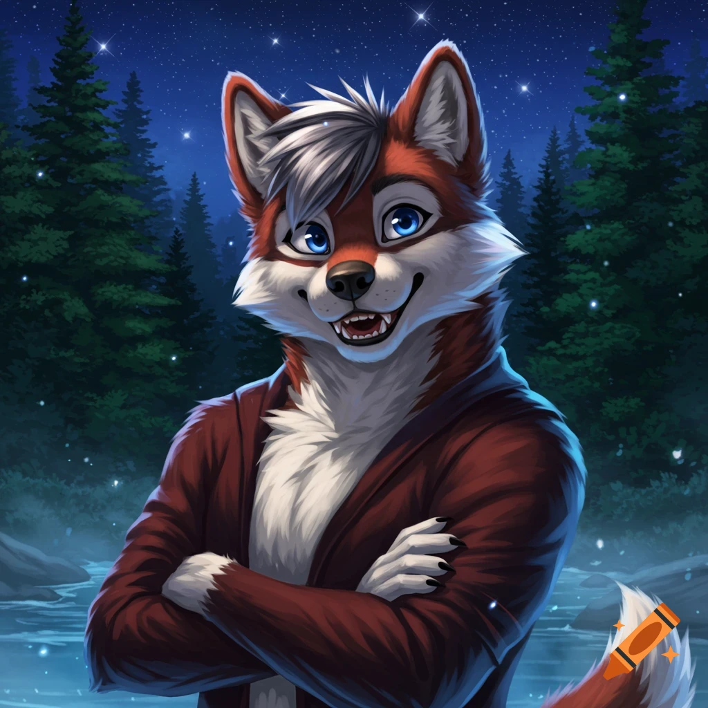 A smiling anthropomorphic fox-like creature with white hair and blue eyes, wearing a red coat, stands with crossed arms in a starry night forest.