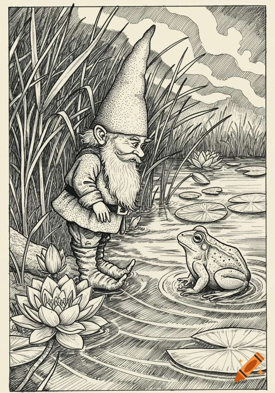 A black and white illustration of a gnome with a tall hat and long beard standing by a pond, looking at a frog on a lily pad.