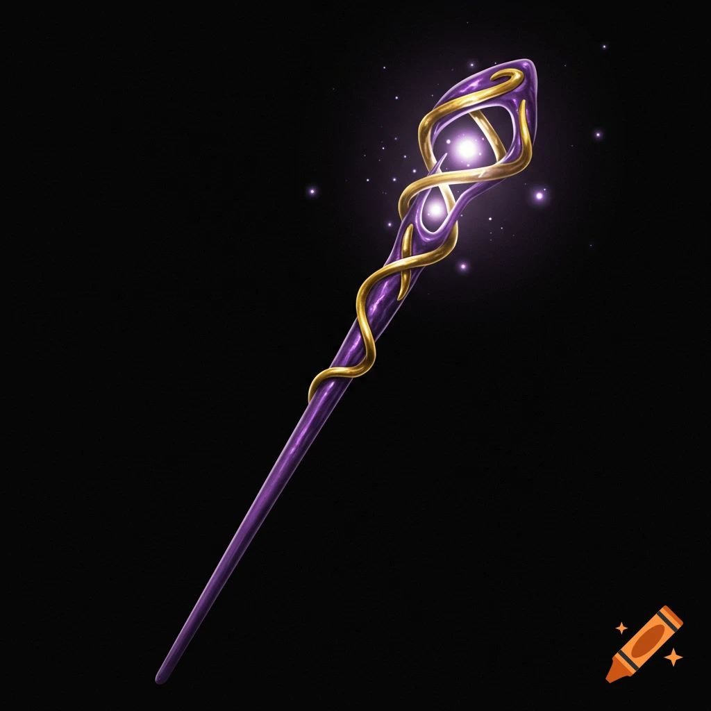 A glowing purple wand with intricate golden metallic insets on a stark black background.