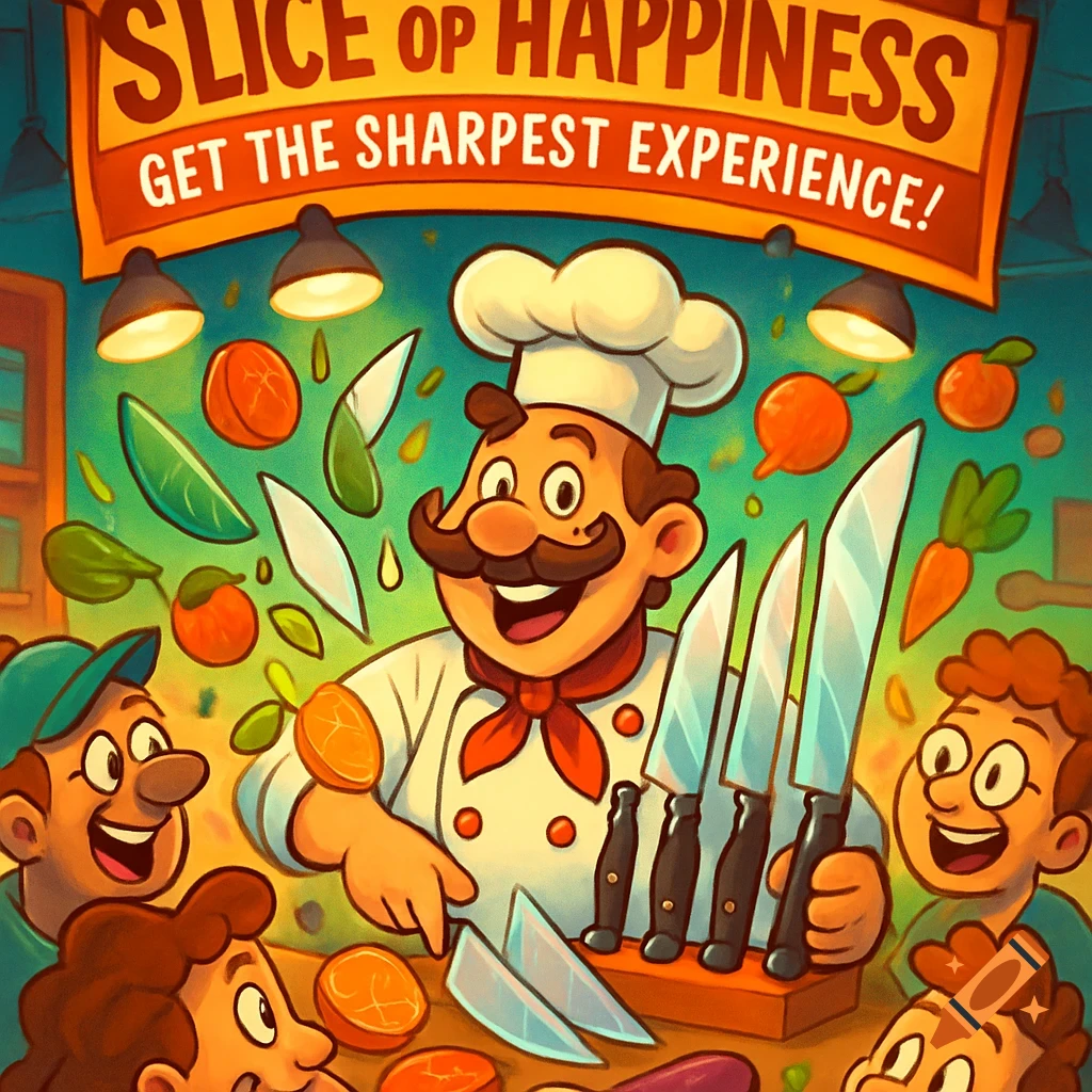 A cheerful cartoon chef with a mustache, surrounded by smiling people and flying produce, displays knives under a banner.