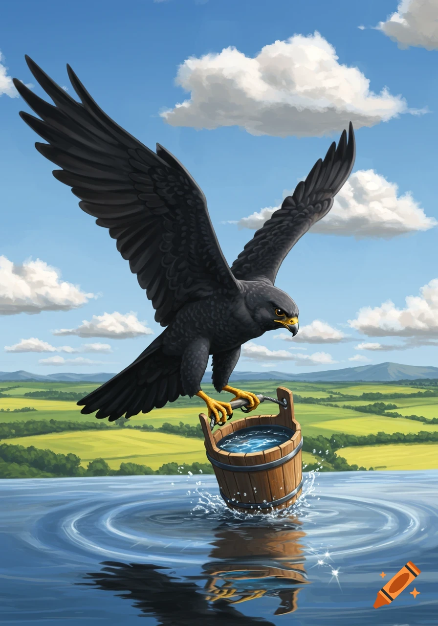 A black hawk flies, clutching a wooden bucket full of water, over a calm lake with green fields and mountains under a blue sky.