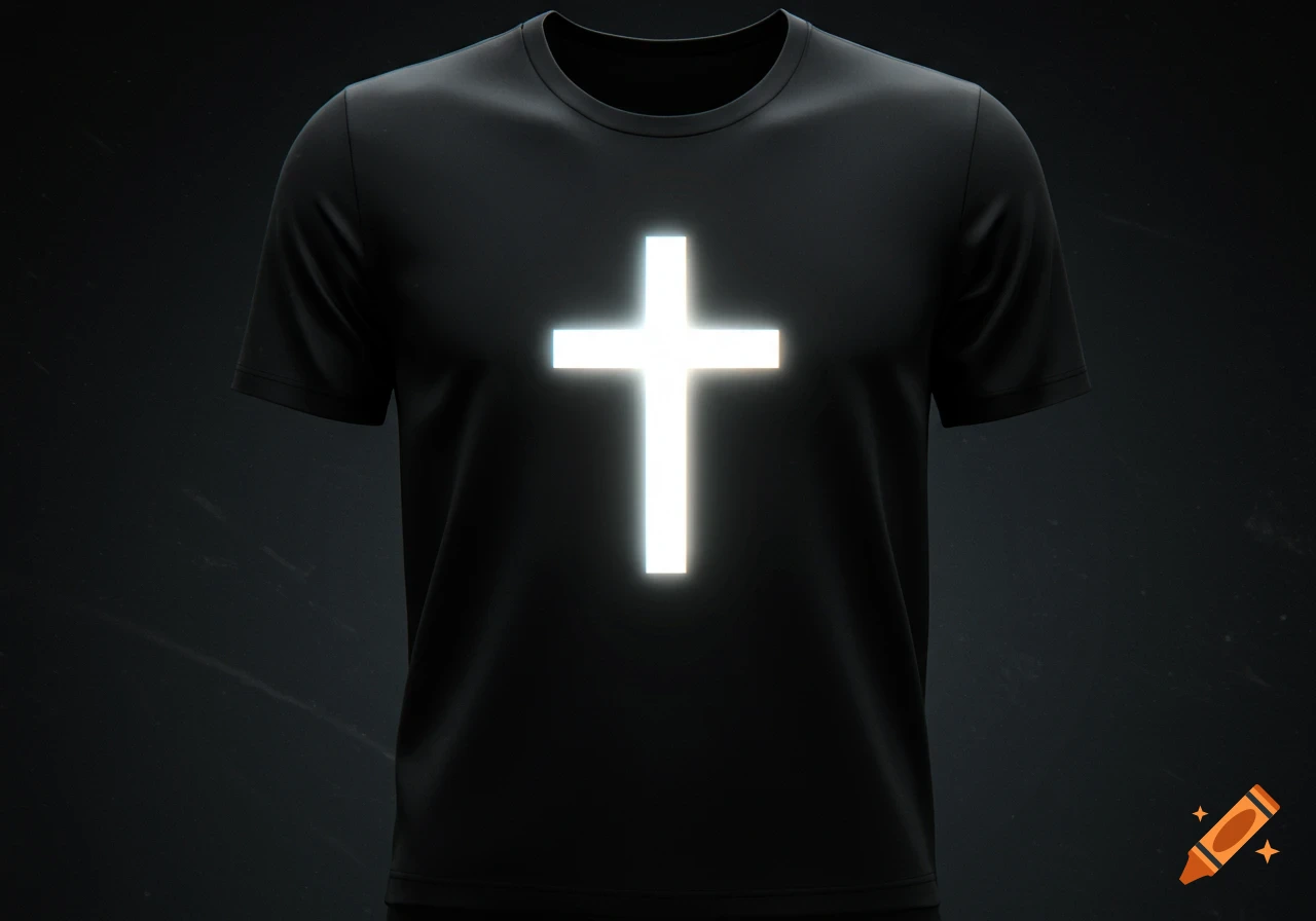 A black t-shirt with a bright, glowing white cross on the chest, against a dark background.