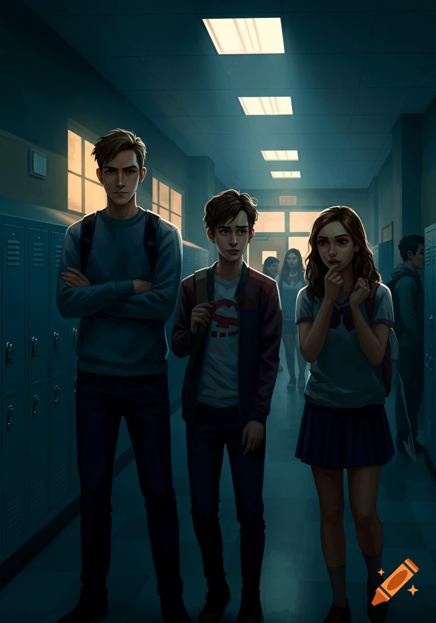 Three young people, two boys and one girl, stand in a dimly lit school hallway with lockers and an exit sign.