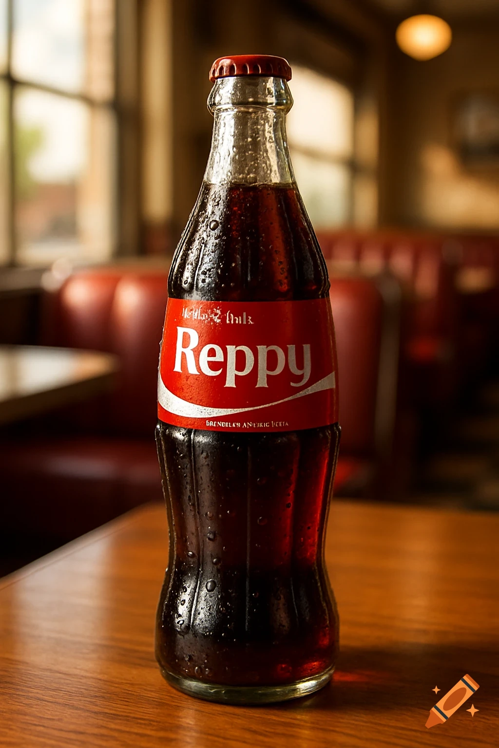 A close-up, photorealistic shot of a condensation-covered soda bottle with a red and white "Reppy" label, sitting on a wooden table in a diner.