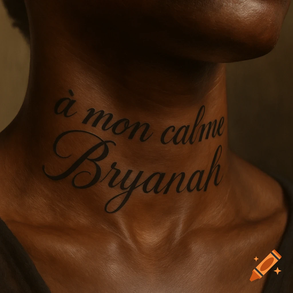Close-up of a dark-skinned person's neck with a photorealistic black script tattoo reading 'à mon calme Bryanah'.