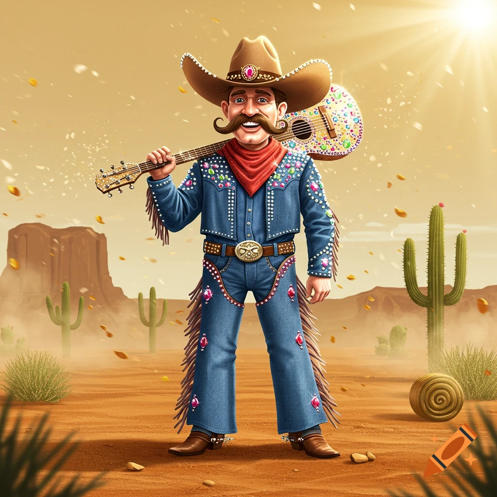 A smiling rhinestone cowboy caricature holds a colorful guitar over his shoulder in a sunny desert landscape with cacti.