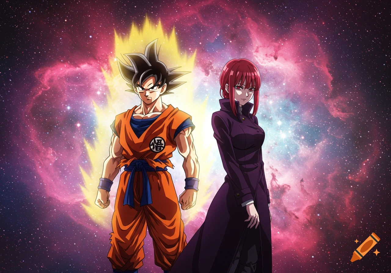 Goku in Super Saiyan form and Makima from Chainsaw Man stand side-by-side against a vibrant cosmic nebula background.