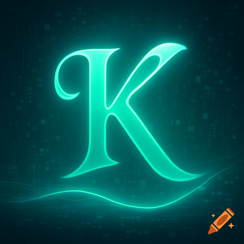 A glowing neon green capital letter 'K' with a futuristic, dark teal background featuring subtle digital circuit patterns and wavy light lines.