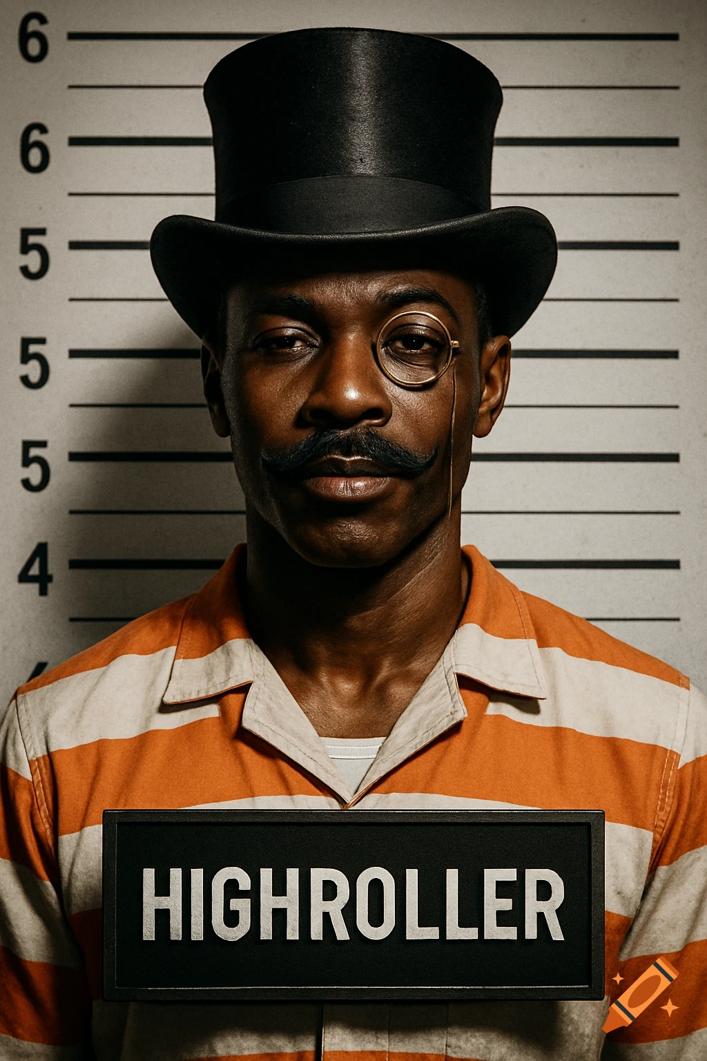 A photorealistic mugshot of a Black man in an orange jail uniform, wearing a top hat and monocle, with a sign reading HIGHROLLER.