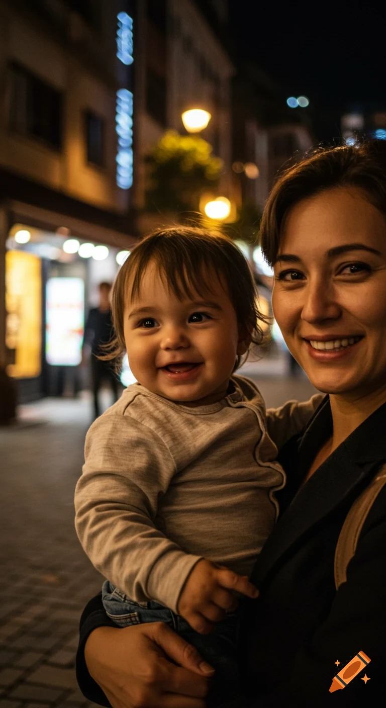 A smiling woman holds a laughing baby in a blurry night street scene with bokeh lights.