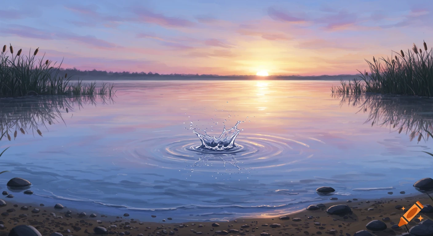 Painterly illustration of a tranquil lake at sunset with a water splash and ripples in the center, framed by reeds and a pebbly shore.