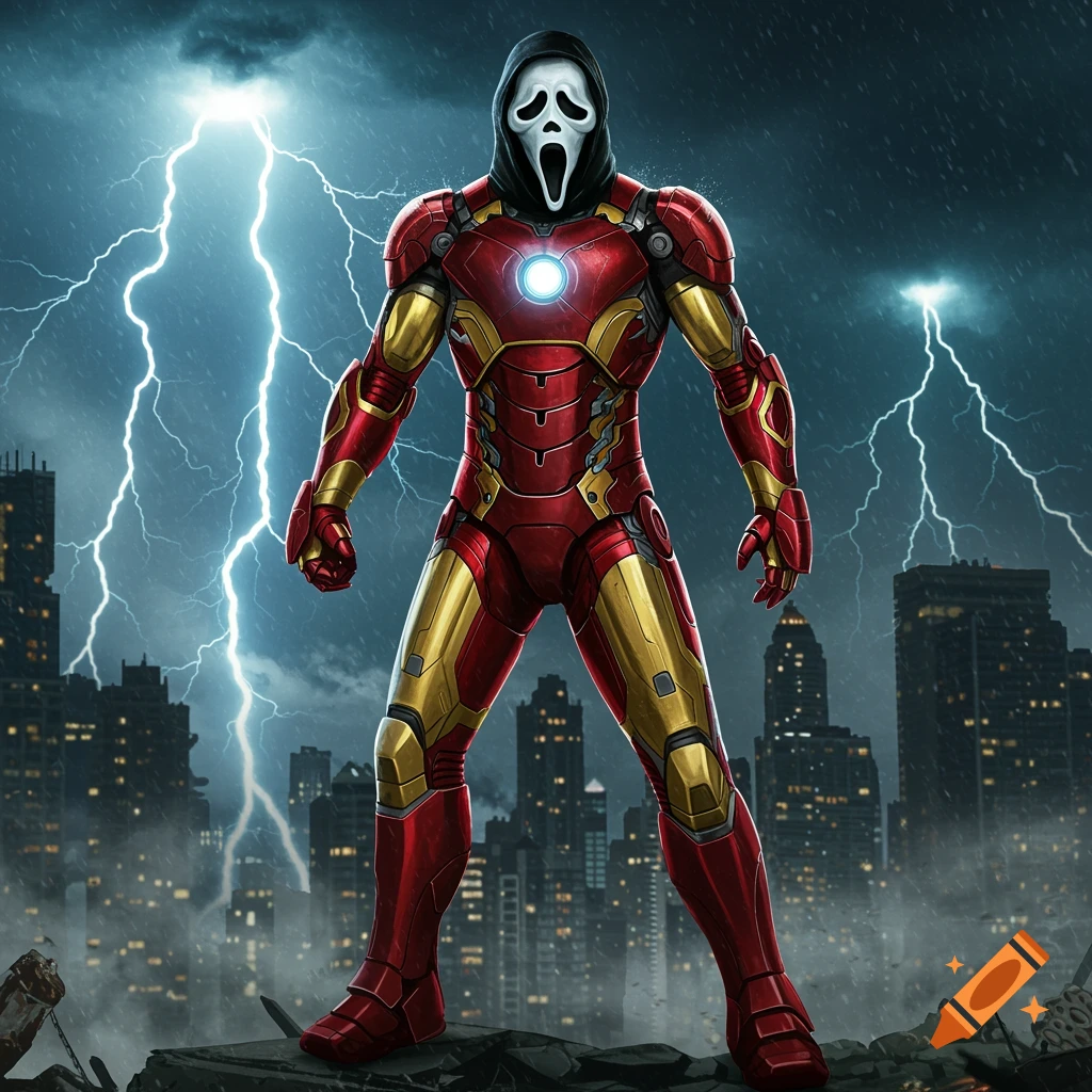 An armored figure with a Ghostface mask and black hood stands on rubble with a cityscape and lightning in the background.