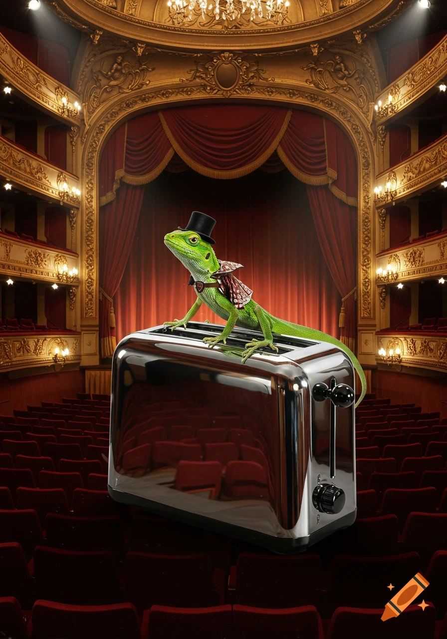 A photorealistic image of a green lizard wearing a top hat and cape, standing on a chrome toaster on a grand opera stage.