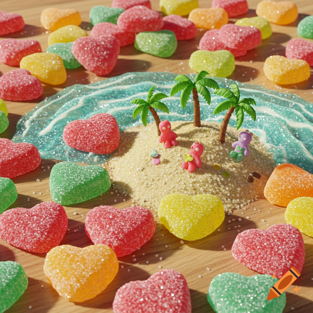 Heart-shaped gummy candies surround a miniature island with palm trees and tiny figures on a wooden surface.